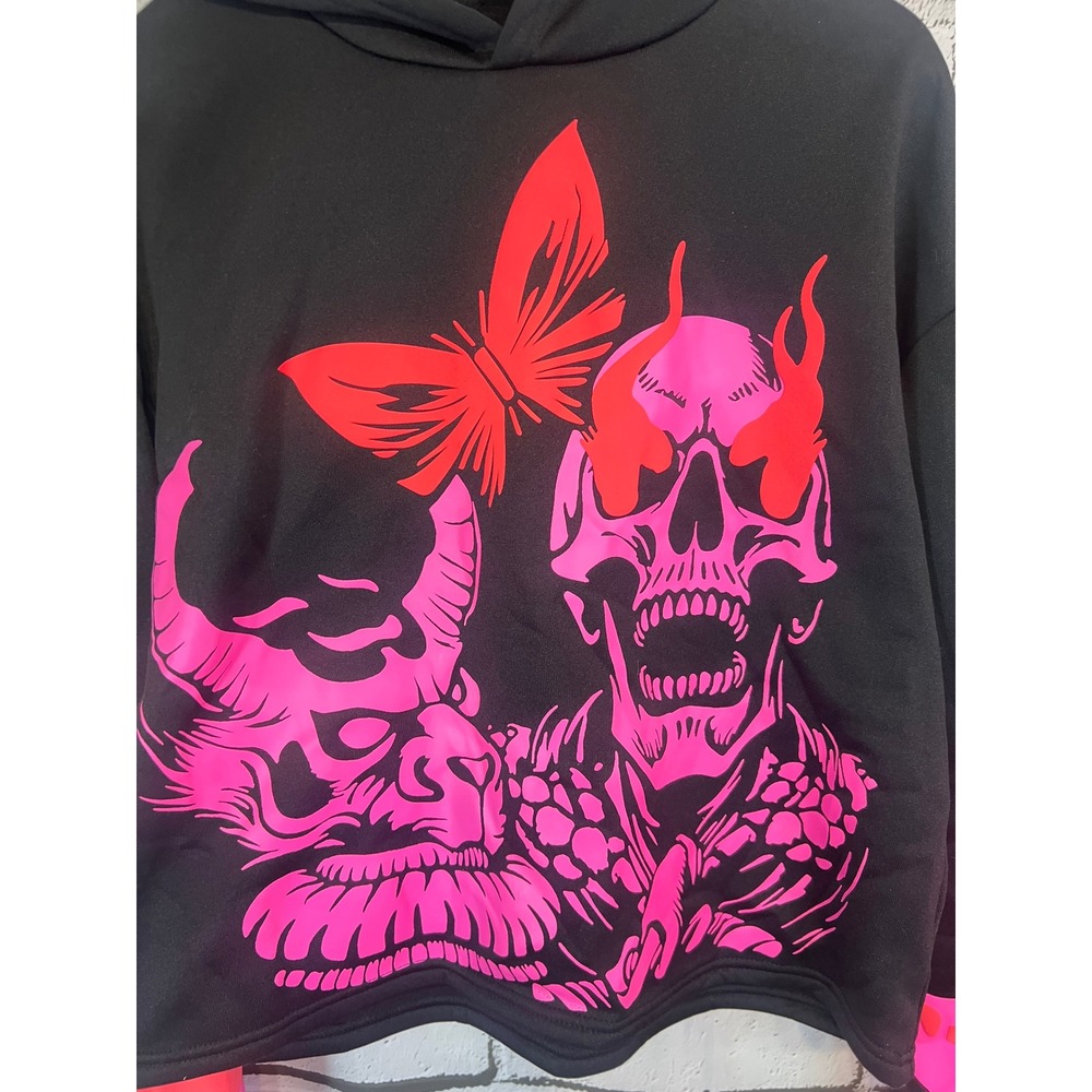 Manfinity Mens Black Skull Butterfly Oni Mask Graphic Hoodie Neon Pink Large